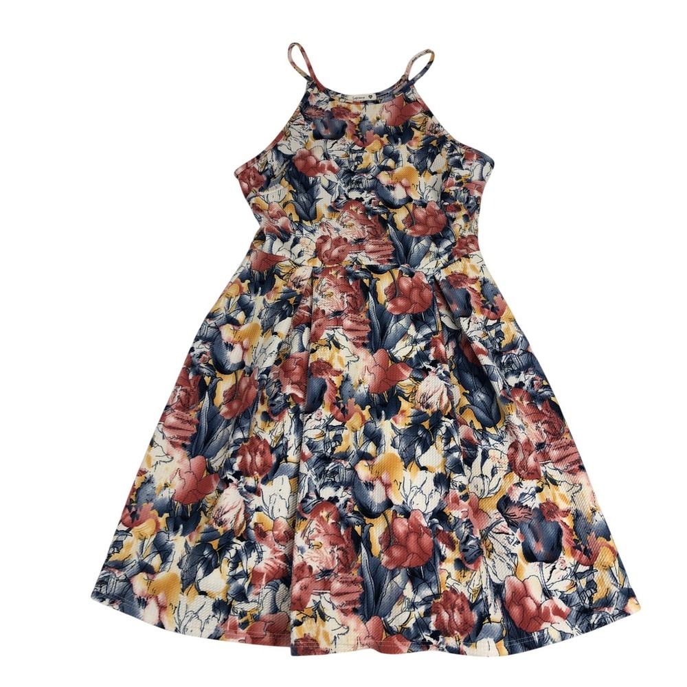 Soprano Womens Floral Skater Dress Blue Pink Yellow Halter Skater D15306 Medium